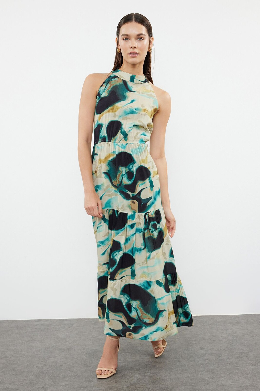 Trendyol Black Abstract Patterned A-Line Halter Neck Maxi Woven Dress