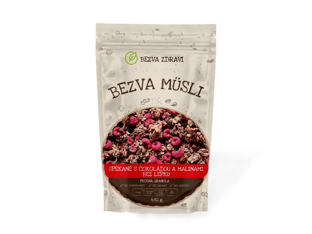 BEZVA MÜSLI Spekané s čokoládou a malinami bez lepku 450 g