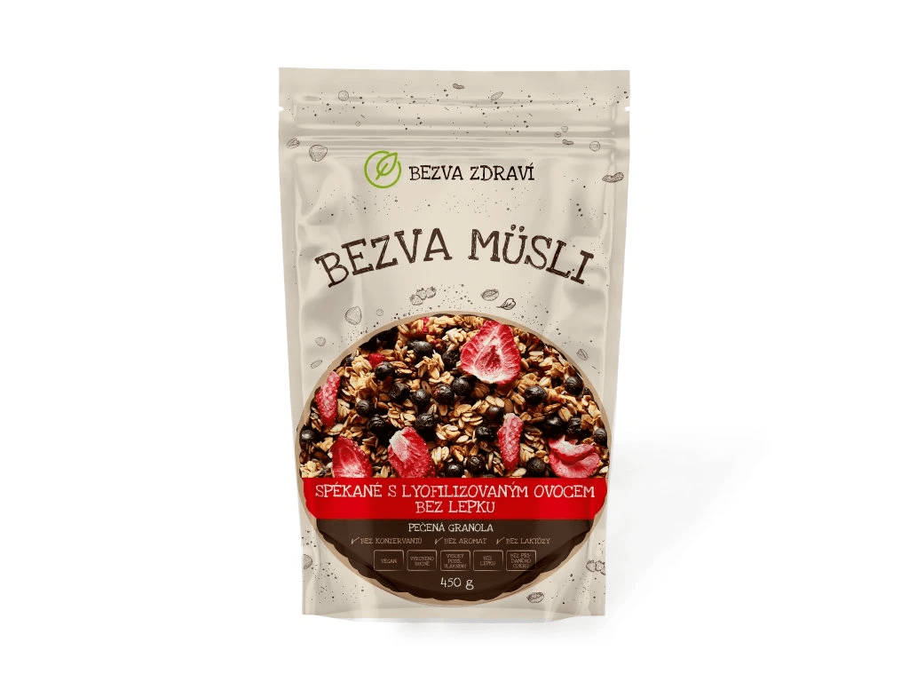 BEZVA MÜSLI Spekané s lyofilizovaným ovocím bez lepku 450 g