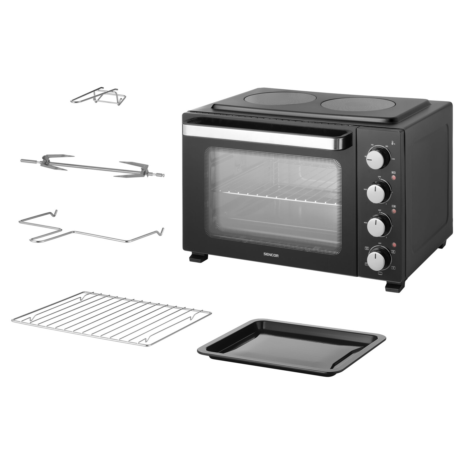 Sencor SEO 3580BK Elektrická rúra so sklokeramickými platničkami objem 35 l, celkový príkon až 3 200 W (rúra 1 500 W + platničky 1 000 W + 700 W) 2