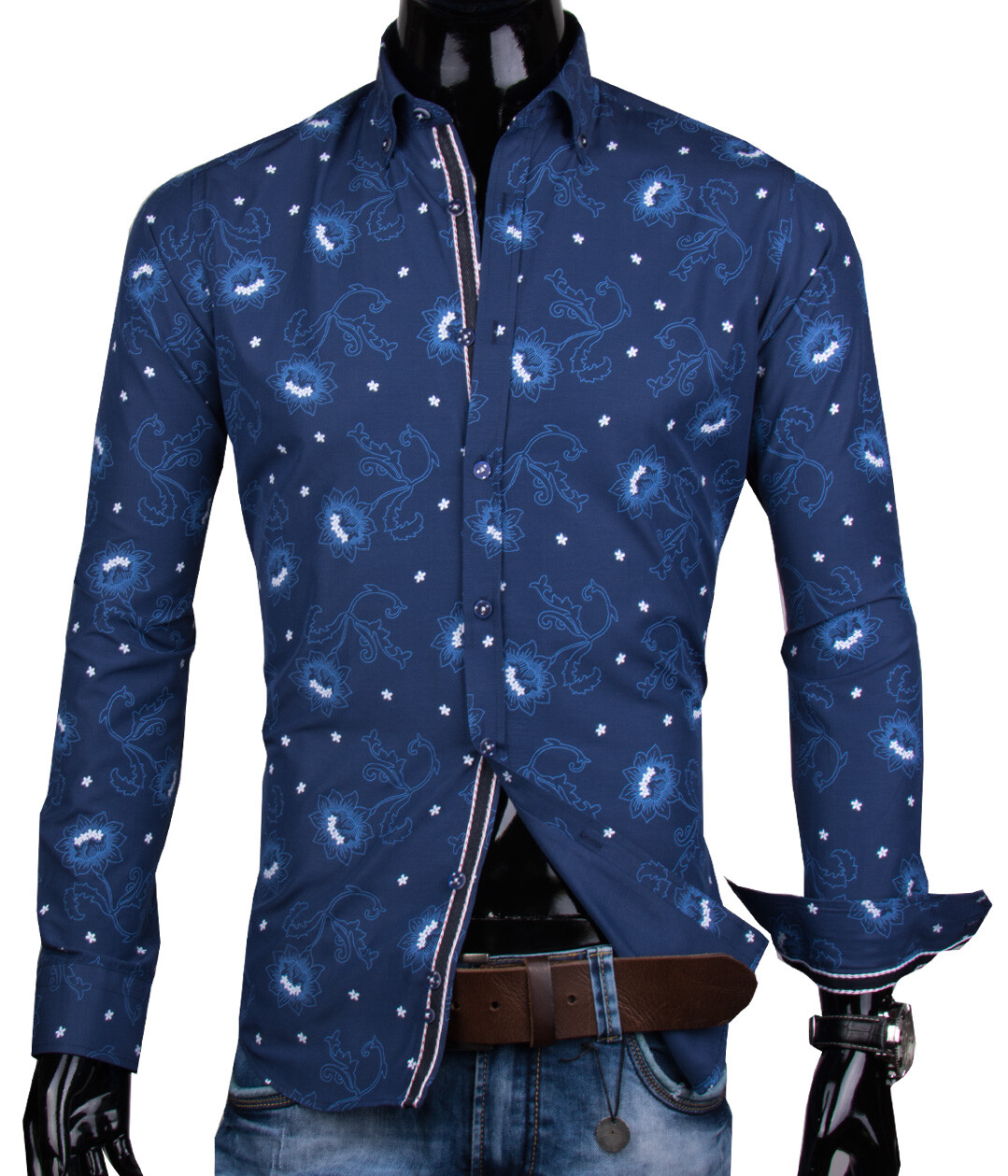 11942-PL-29 Modrá košeľa s kvetinovým vzorom PAKO LORENTE - SLIM FIT STRIH