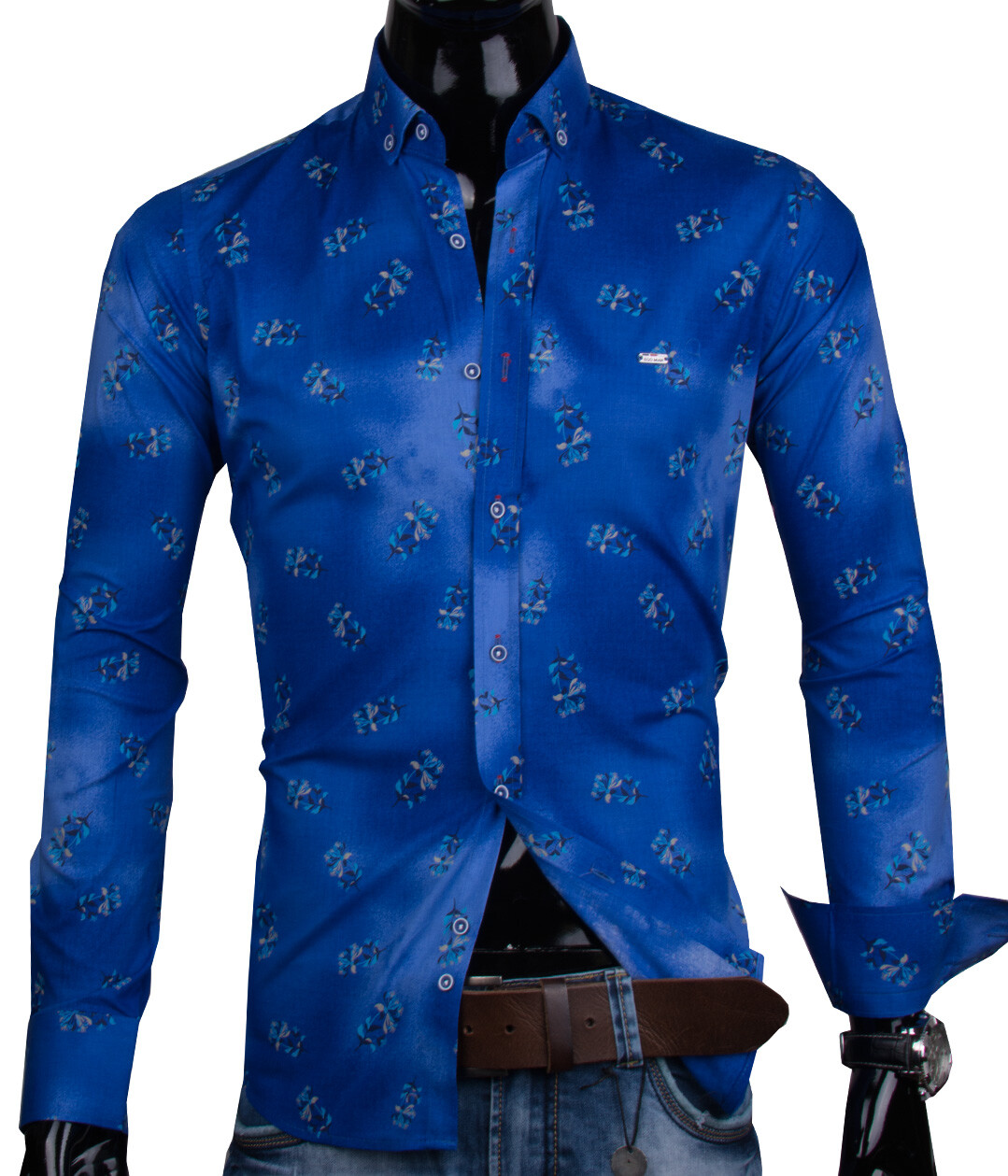 30016-EM-341 Modrá košeľa s kvetinovým vzorom EGO MAN - SLIM FIT STRIH