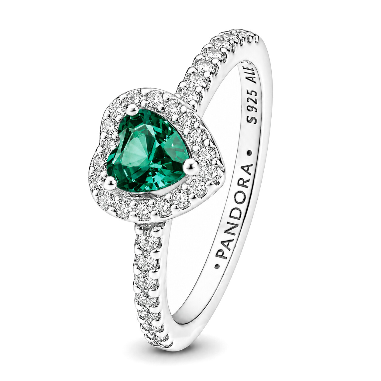 Pandora Slušivý strieborný prsteň so zeleným srdcom Timeless 198421C07 50 mm