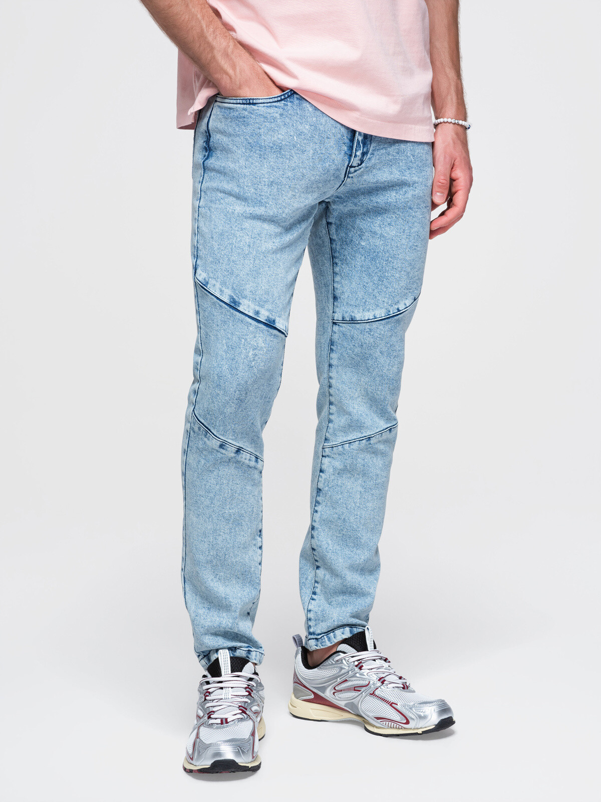 Ombre Men's marbled denim slim fit trousers with stitching at the knees