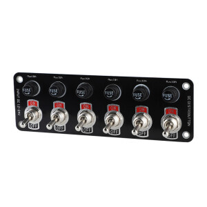 Panel s prepínačmi 6× ON/OFF a poistkami – 12/24 V, 60 A, 182 × 60 mm