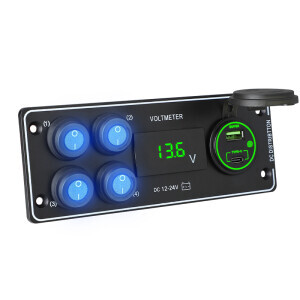 Panel so 4 spínačmi, USB-C PD 30 W, USB-A QC 3.0 a voltmetrom – 12/24 V, 170 × 65 mm