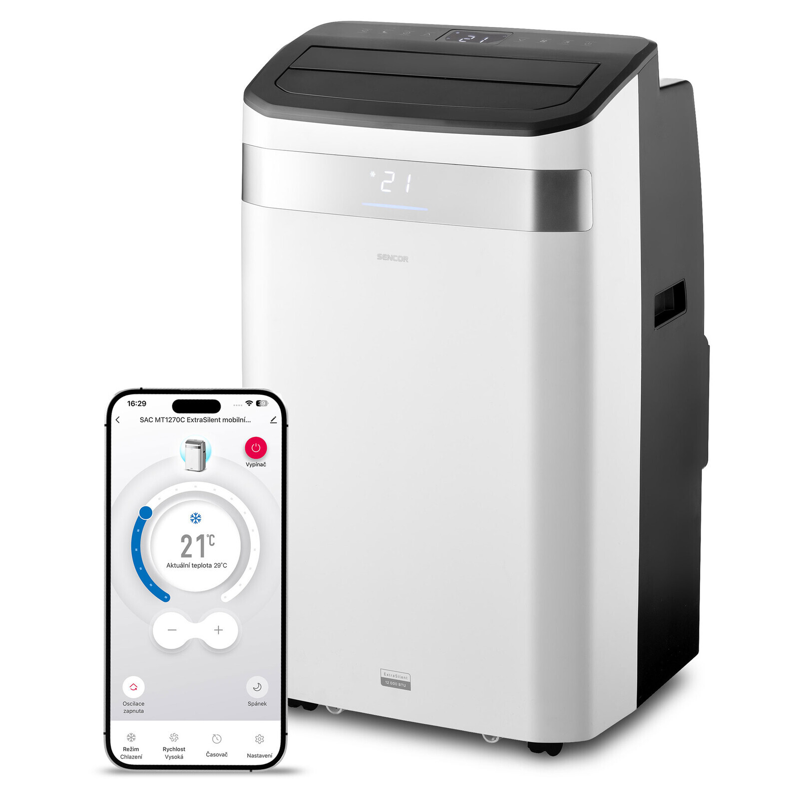 Sencor SAC MT1270C Mobilná klimatizácia ExtraSilent Extrémne tichý, menej ako 45 dB(A) Chladiaci výkon 12 000 BTU/h, 3 prevádzkové režimy (chladenie