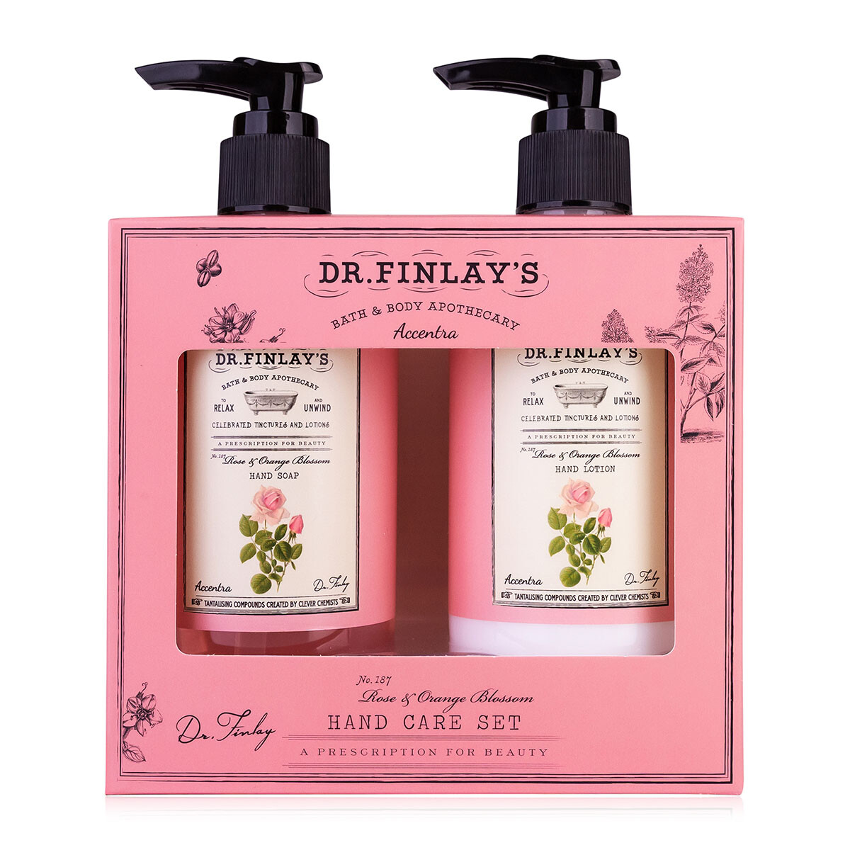 Accentra Darčeková sada starostlivosti o ruky s pumpičkou Rose & Orange Blossom Dr. Finlay`s