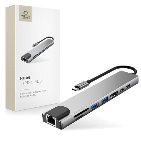Tech-Protect HB09 USB-C HUB adaptér 8in1, šedý