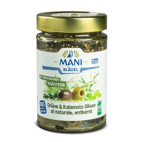 Olivy Kalamata a zelené olivy so stredomorskými bylinkami bez kôstky organické MANI 175g