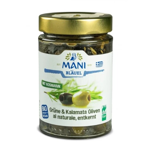 Olivy Kalamata a zelené olivy al naturale s rozmarínom bez kôstky organické MANI 175g