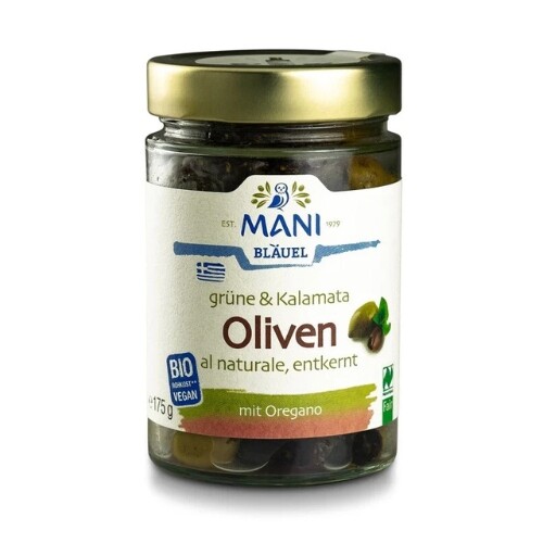 Olivy Kalamata a zelené olivy al naturale bez kôstky organické MANI 175g