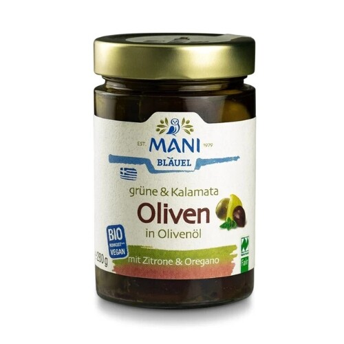Olivy Kalamata a zelené olivy v olivovom oleji organické MANI 280g