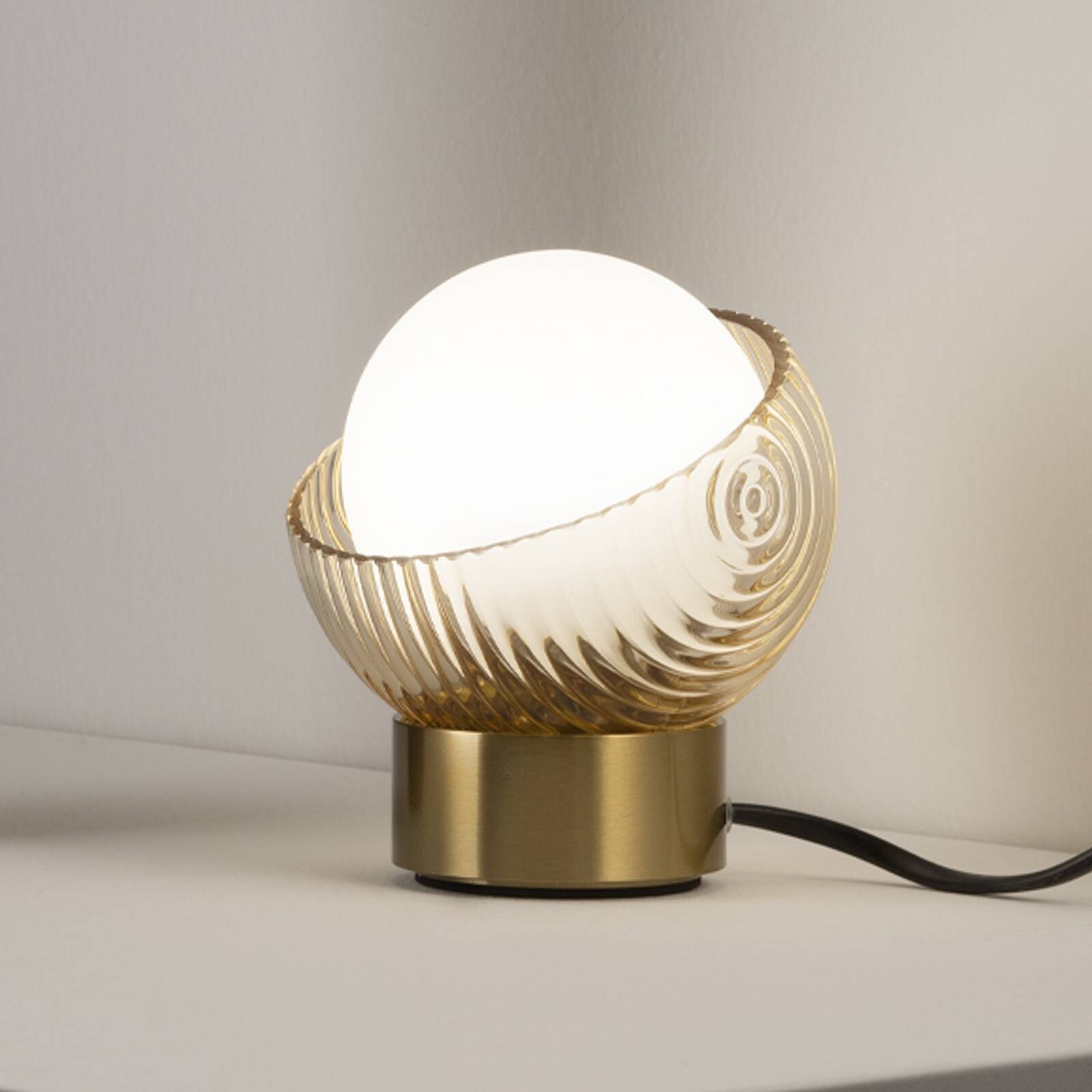 Stolová lampa IDEAL LUX Bloom, mosadz/jantár, výška 13 cm