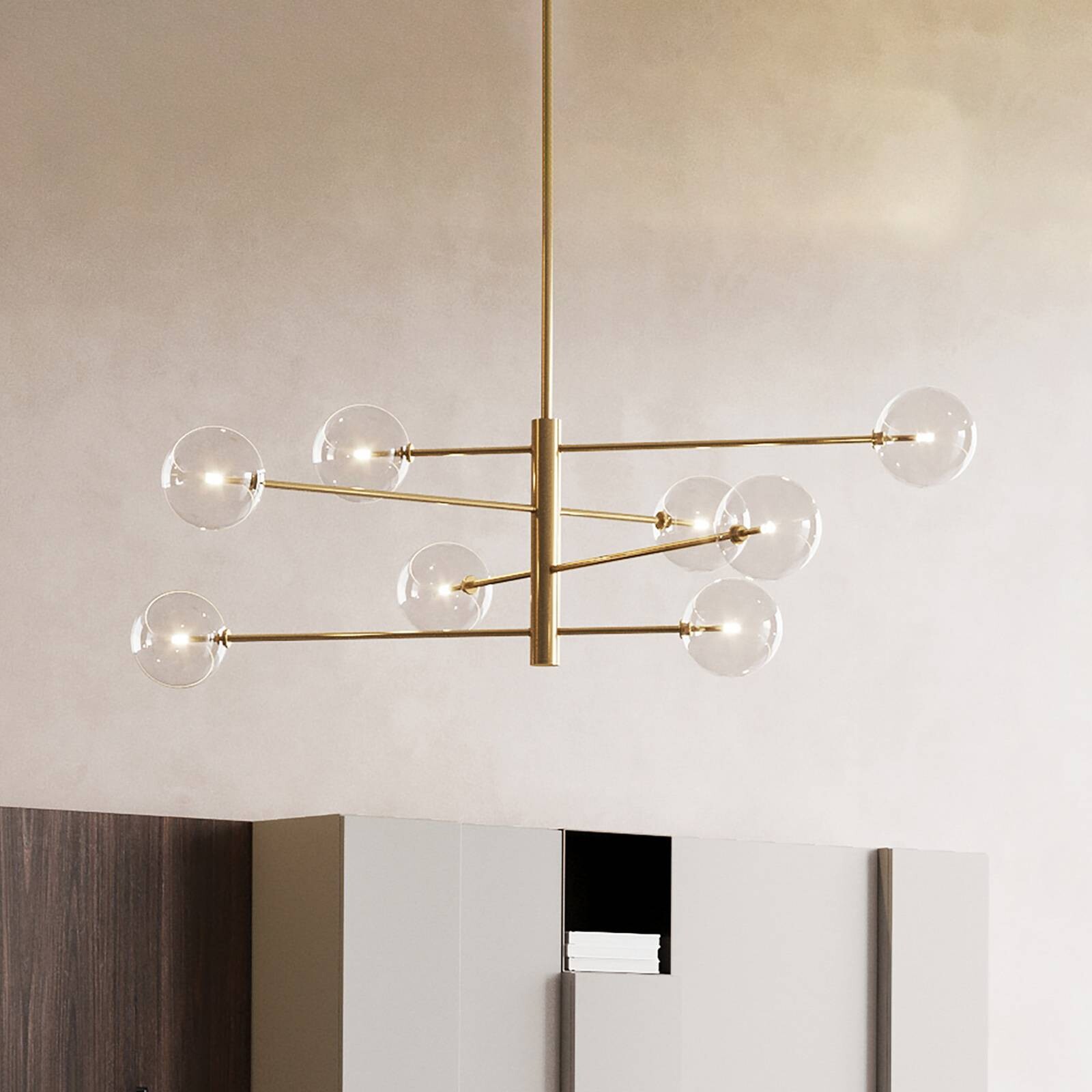 Závesné svietidlo IDEAL LUX Equinoxe, mosadz/číra, 8-pl.