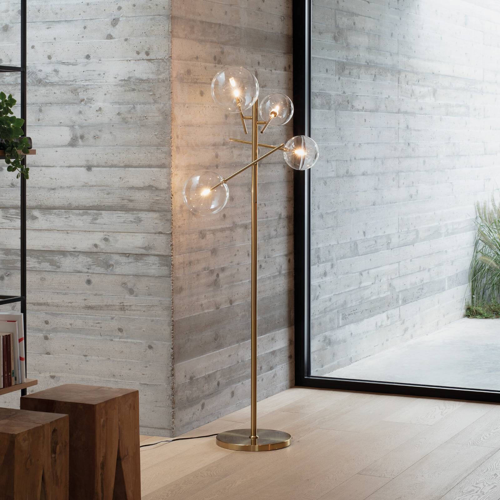 Stojacia lampa IDEAL LUX Equinoxe, mosadz/číra, výška 166 cm