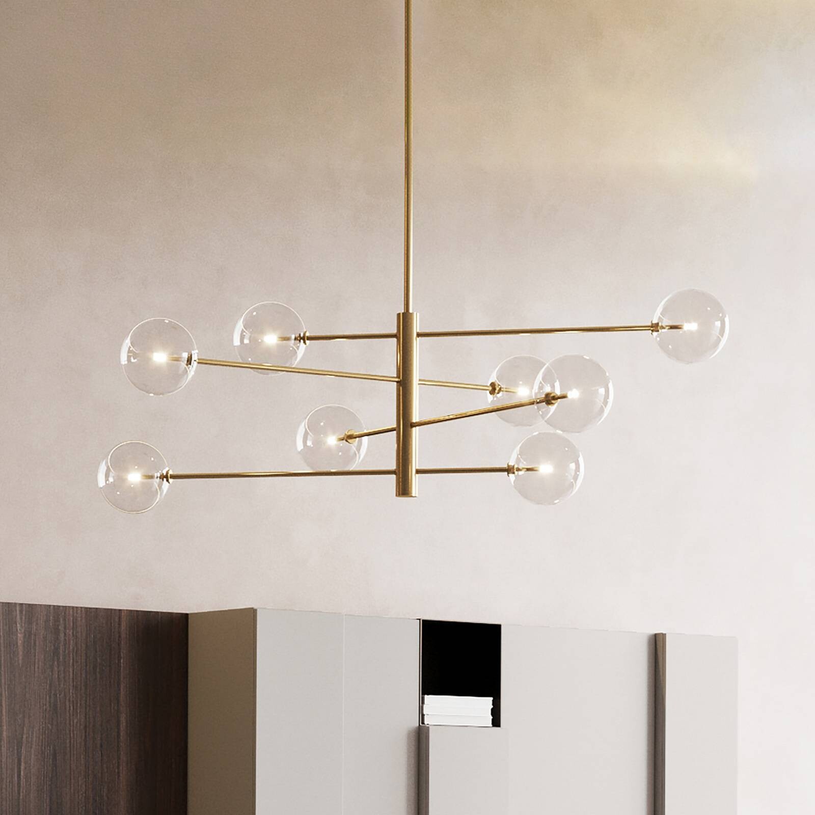 Závesné svietidlo IDEAL LUX Equinoxe, mosadz/jantár, 8-pl.
