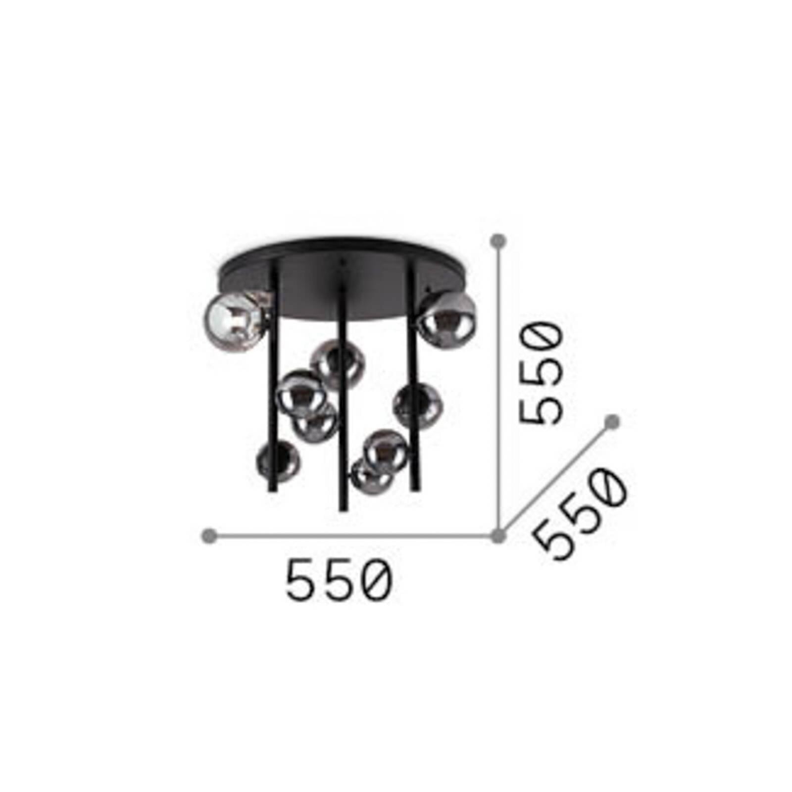 Stropné svietidlo IDEAL LUX Perlage, čierna/dymovo sivá, Ø 50 cm, 9 ramien