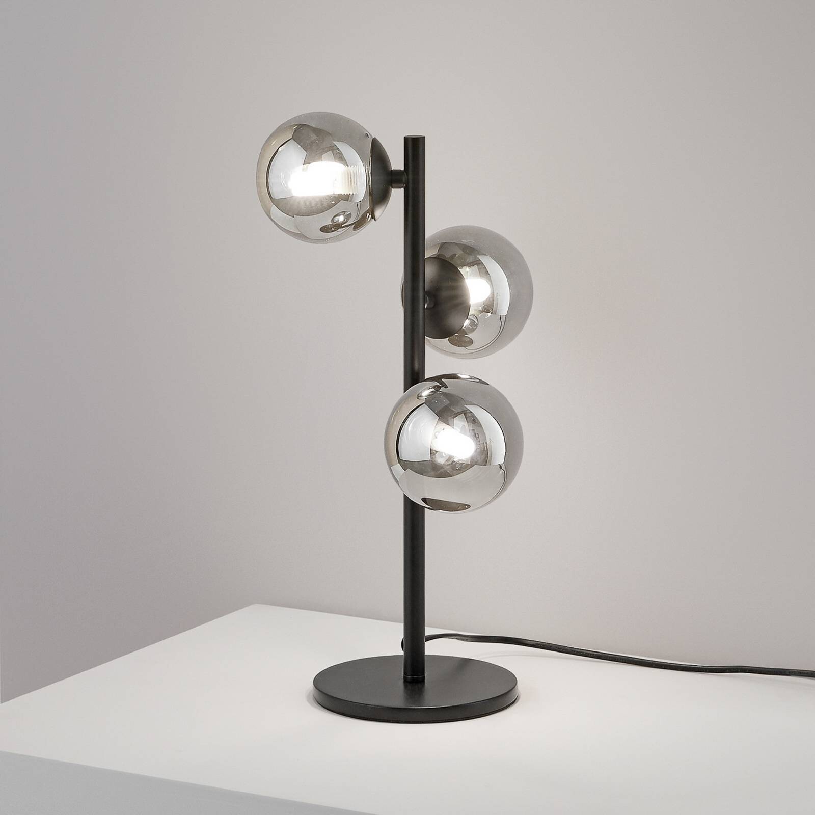 Stolová lampa IDEAL LUX Perlage, čierna/dymovo sivá, výška 43 cm, 3-pl. žiarovka