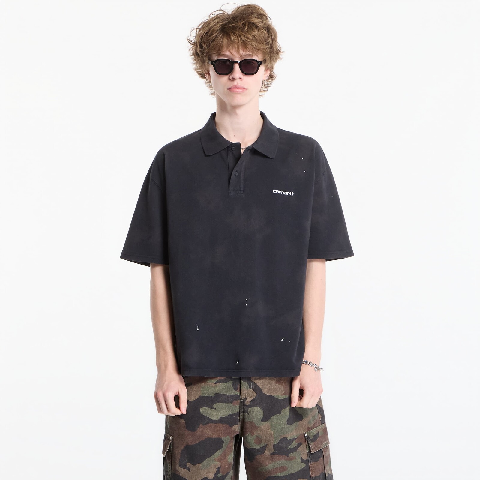 Tričko Carhartt WIP S/S Painter Polo UNISEX Black Destroy Wash, Splatter XL