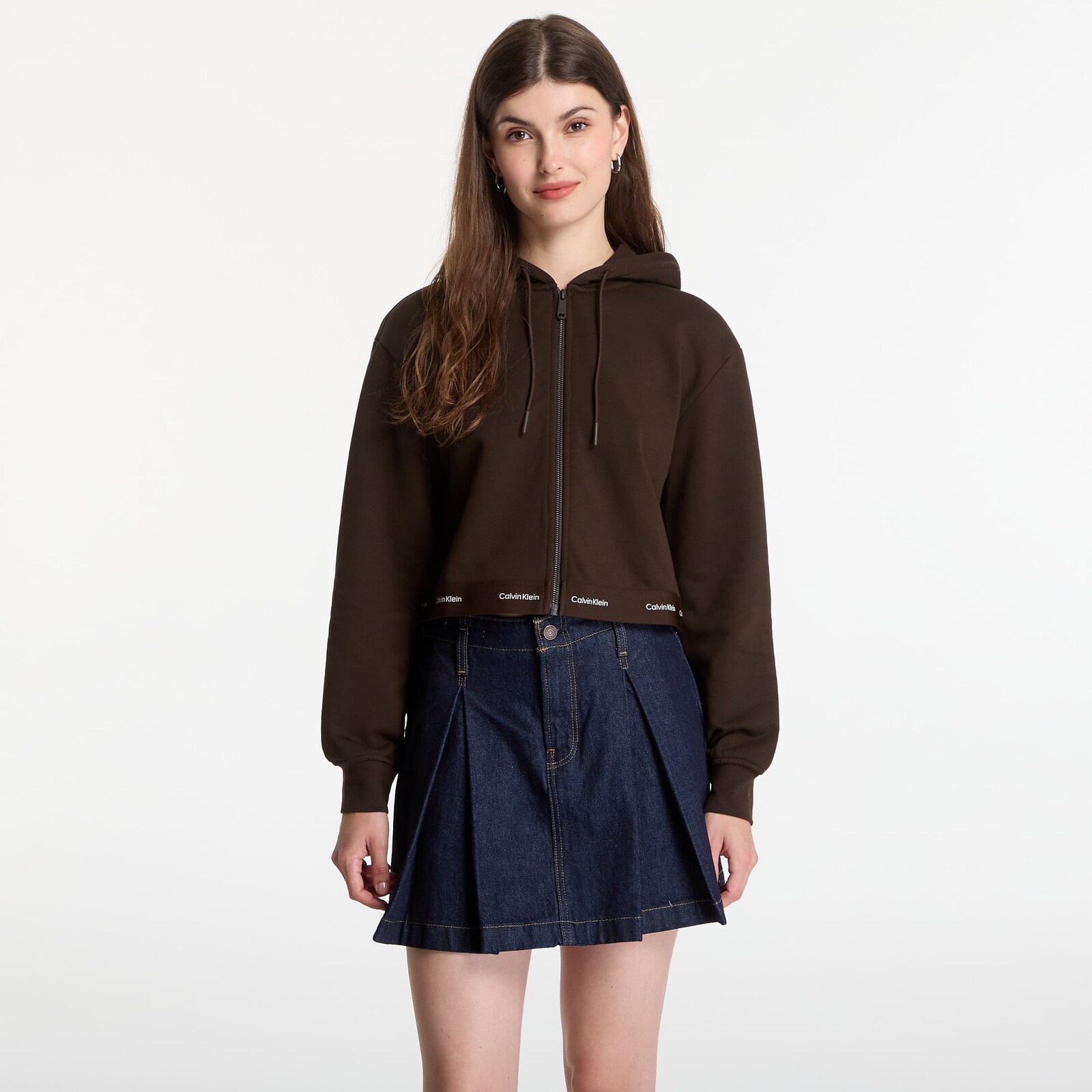 Mikina Calvin Klein Jeans Ls Terry Logo Waist Cropped Fz Hoodie Dark Coffee L