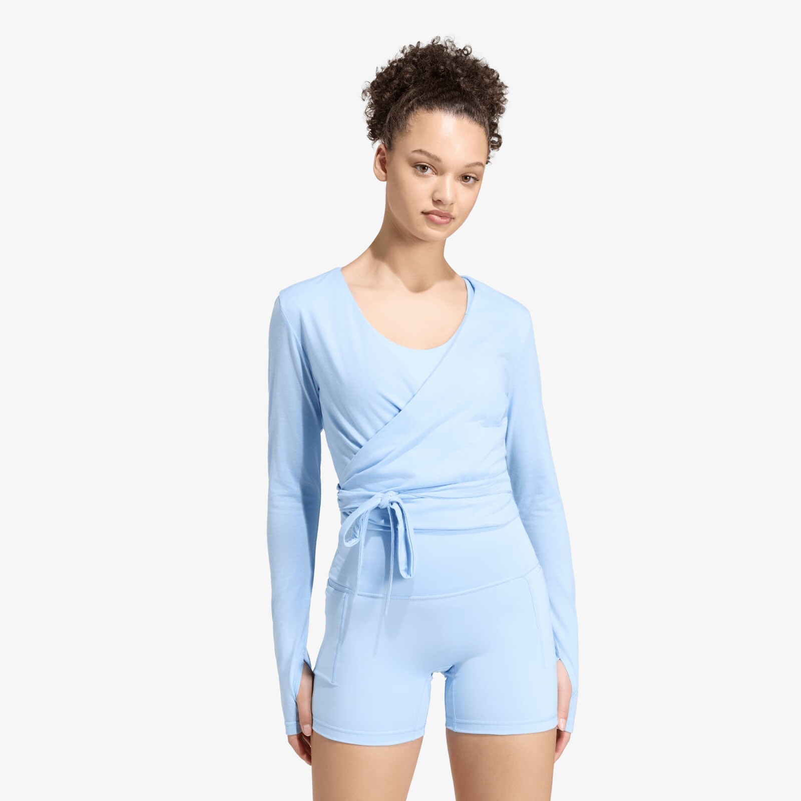 Tričko adidas 3 Stripes Studio Soft Ballet Wrap Top Glow Blue/ Earth Strata M