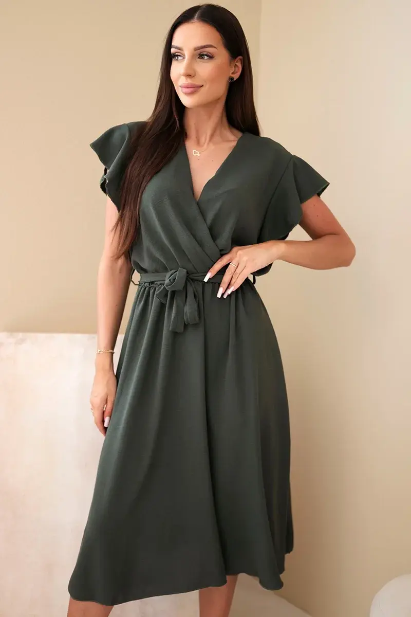 Dámske zavinovacie midi šaty s opaskom, khaki
