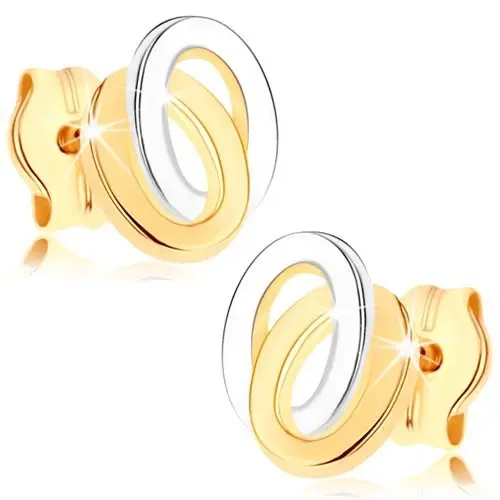 Puzetové náušnice zo žltého 9K zlata - dvojfarebné prepojené elipsy