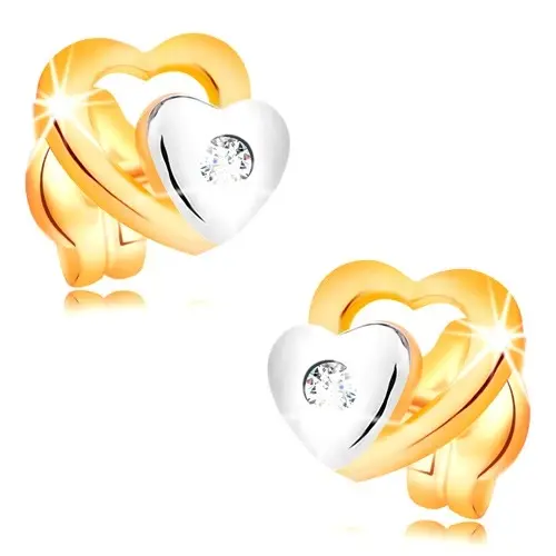 Briliantové náušnice zo 14K zlata - dve srdiečka a brúsený číry diamant