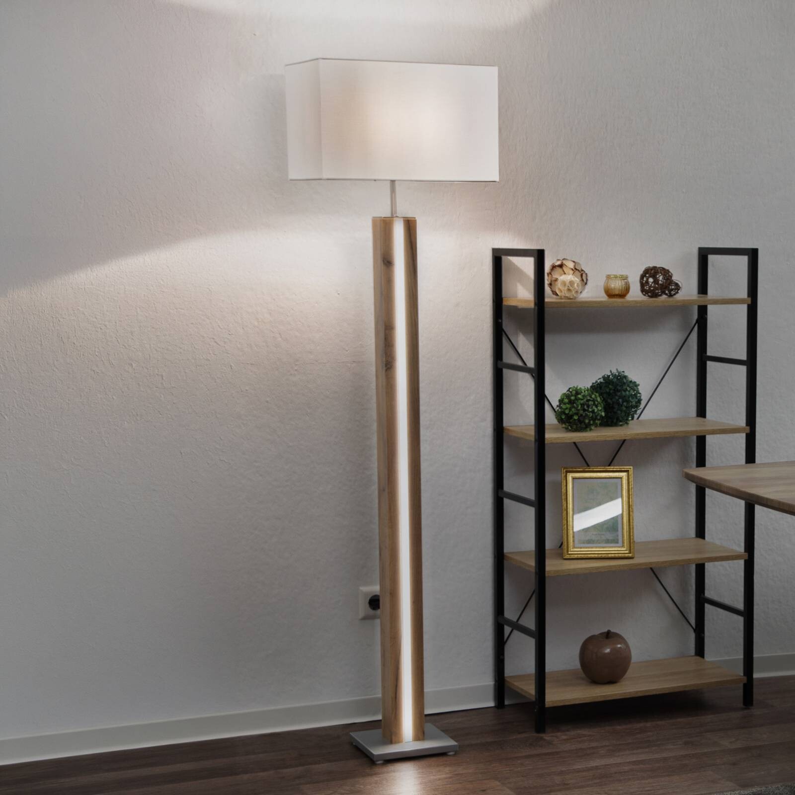 Stojacia lampa Forest, drevo/béžová, textil, E27 + LED, stmievateľné