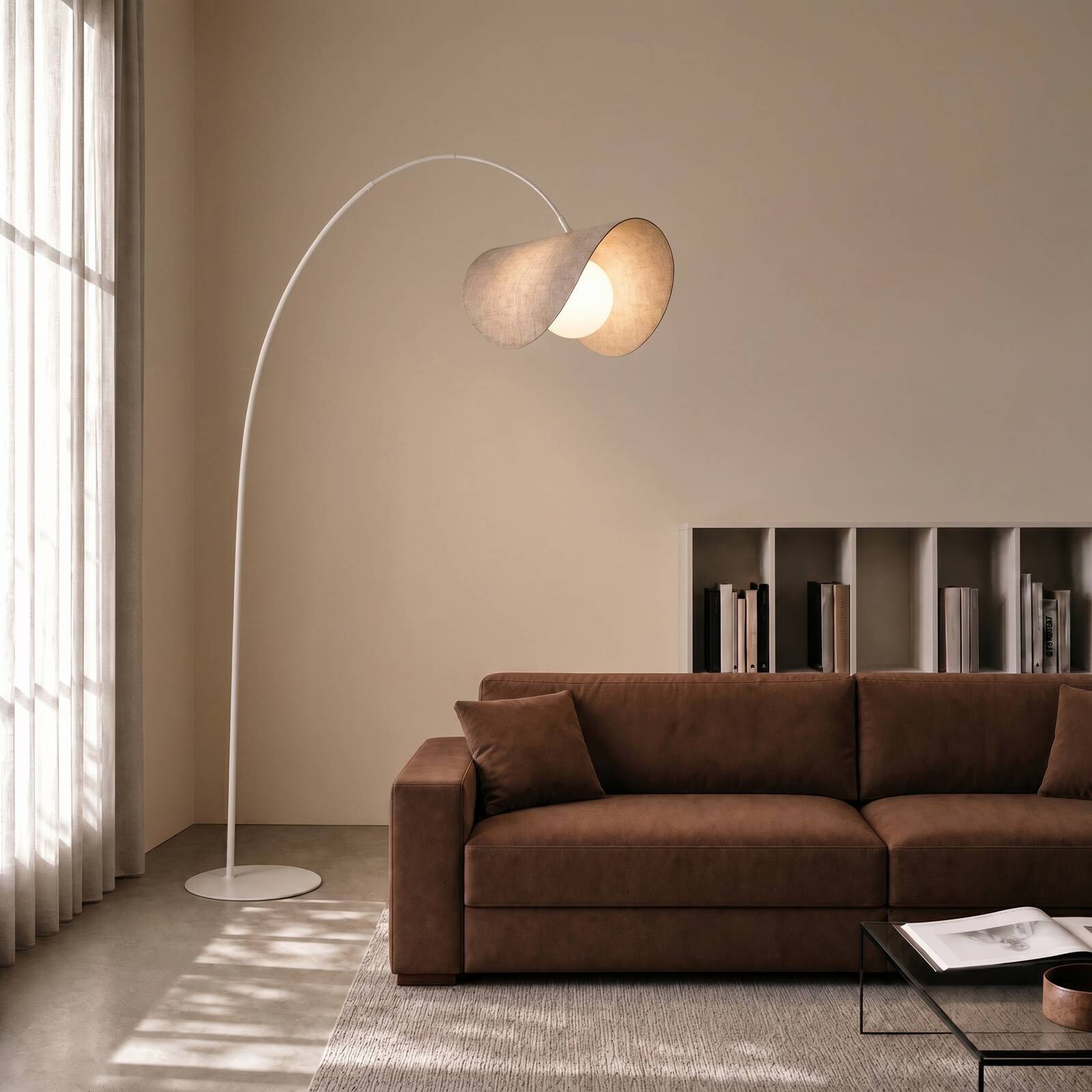 LED oblúkové svietidlo Lucande Sansibar, béžové, 180 cm, stmievateľné
