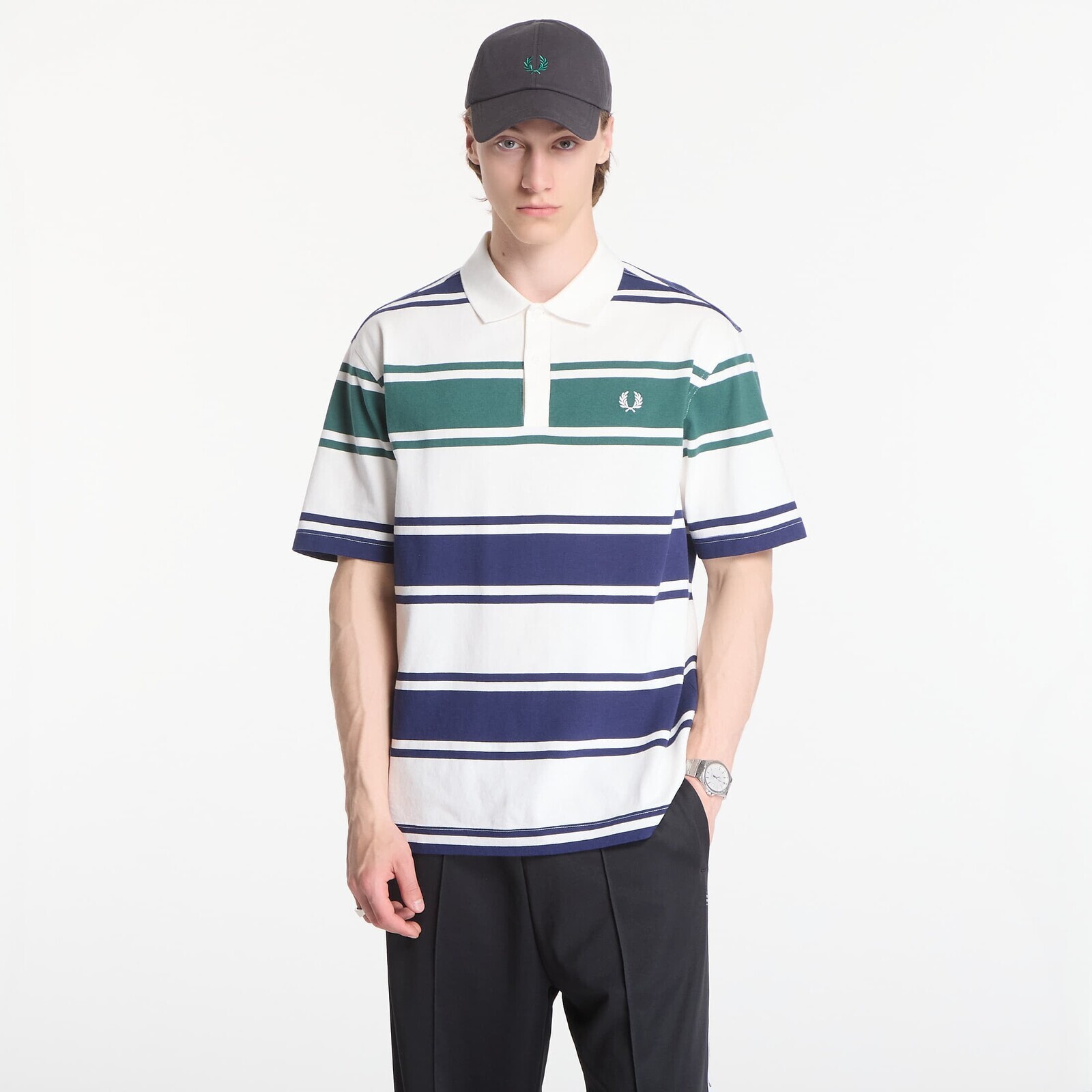 Tričko Fred Perry Relaxed Striped Polo Shirt Beige L