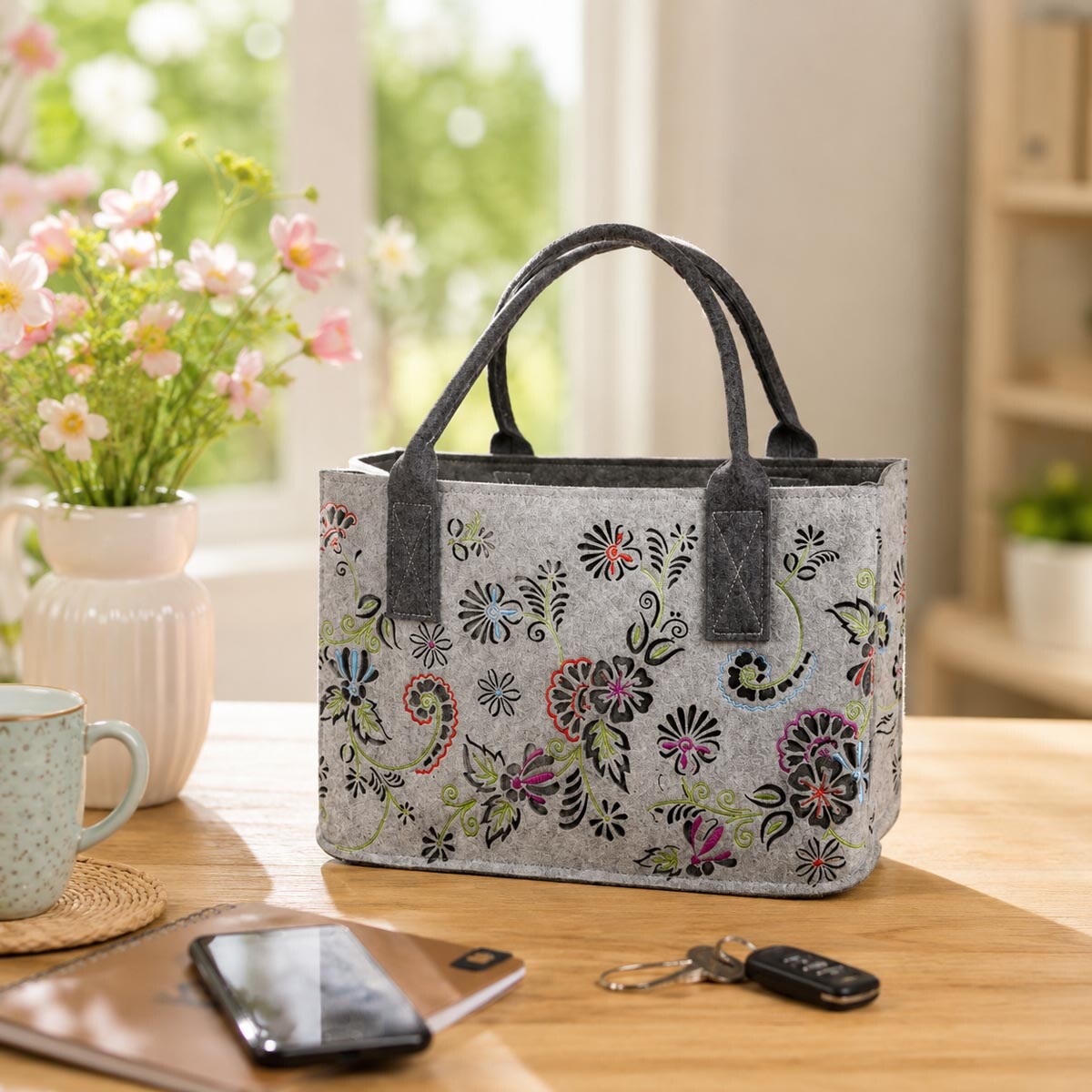 Nákupná taška Floral, svetlosivá