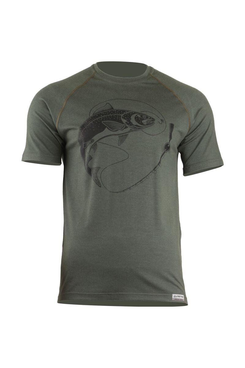 Lasting SALMON 6262 zelené pánske merino tričko s tlačou Veľkosť: L