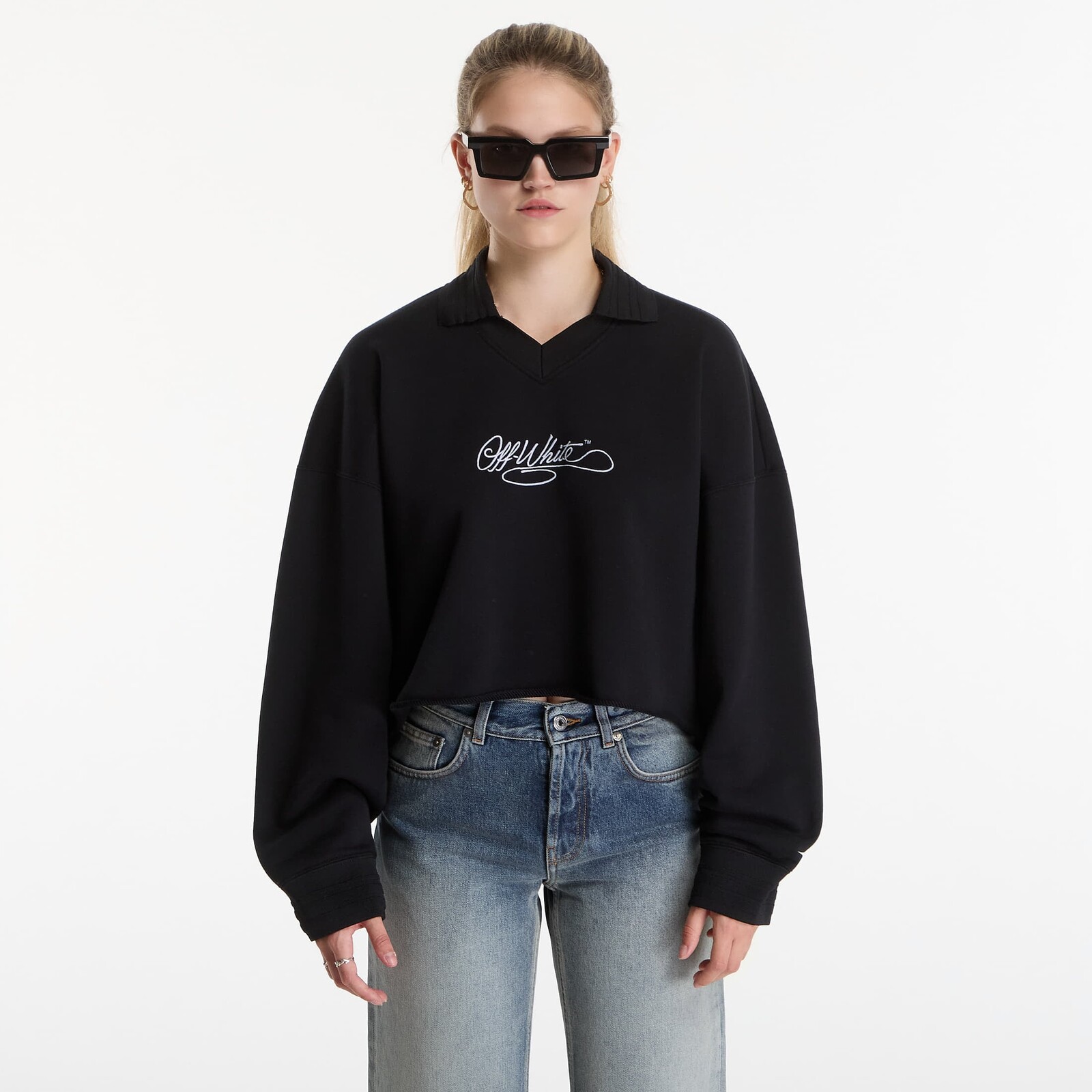 Mikina Off-White Embr Script Crop Polo Crew Black-White M