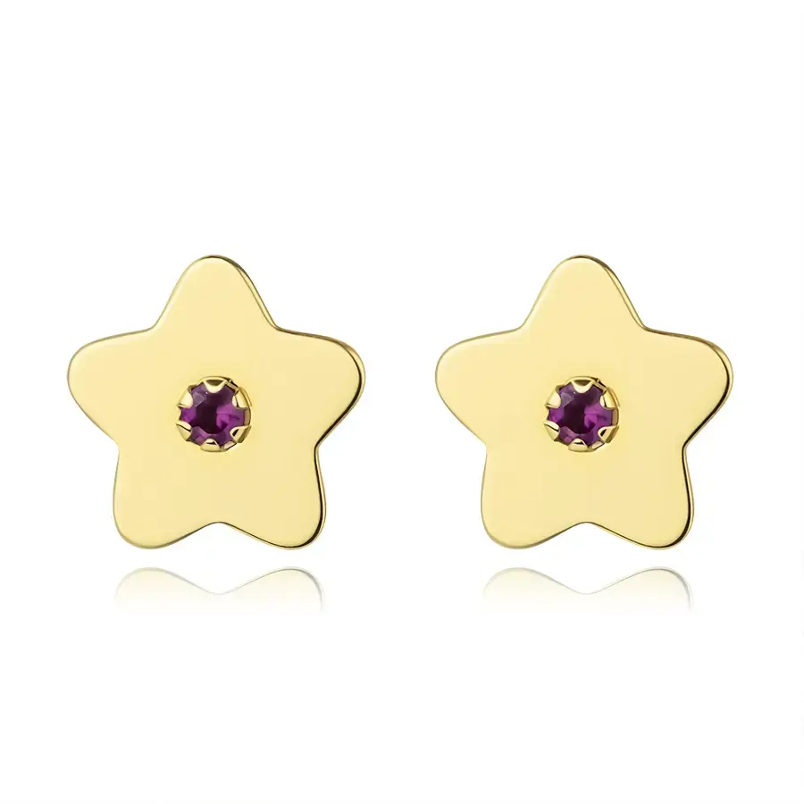 Zlaté náušnice 9K hviezda so zirkónom magenta