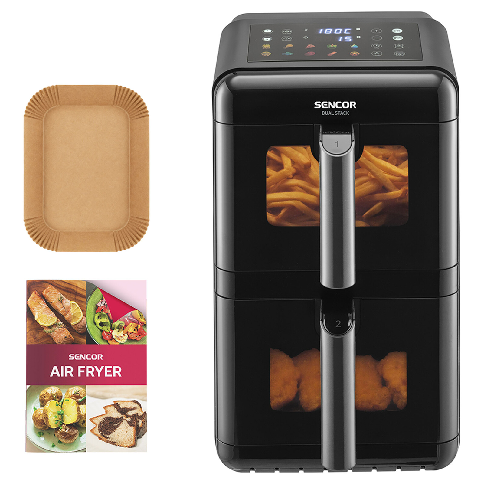 Sencor SFR 1260BK Teplovzdušná fritéza XL kapacita 11,6 l na prípravu jedál až pre 7-8 osôb, 2 nezávislé varné zóny na súčasnú prípravu viacerých