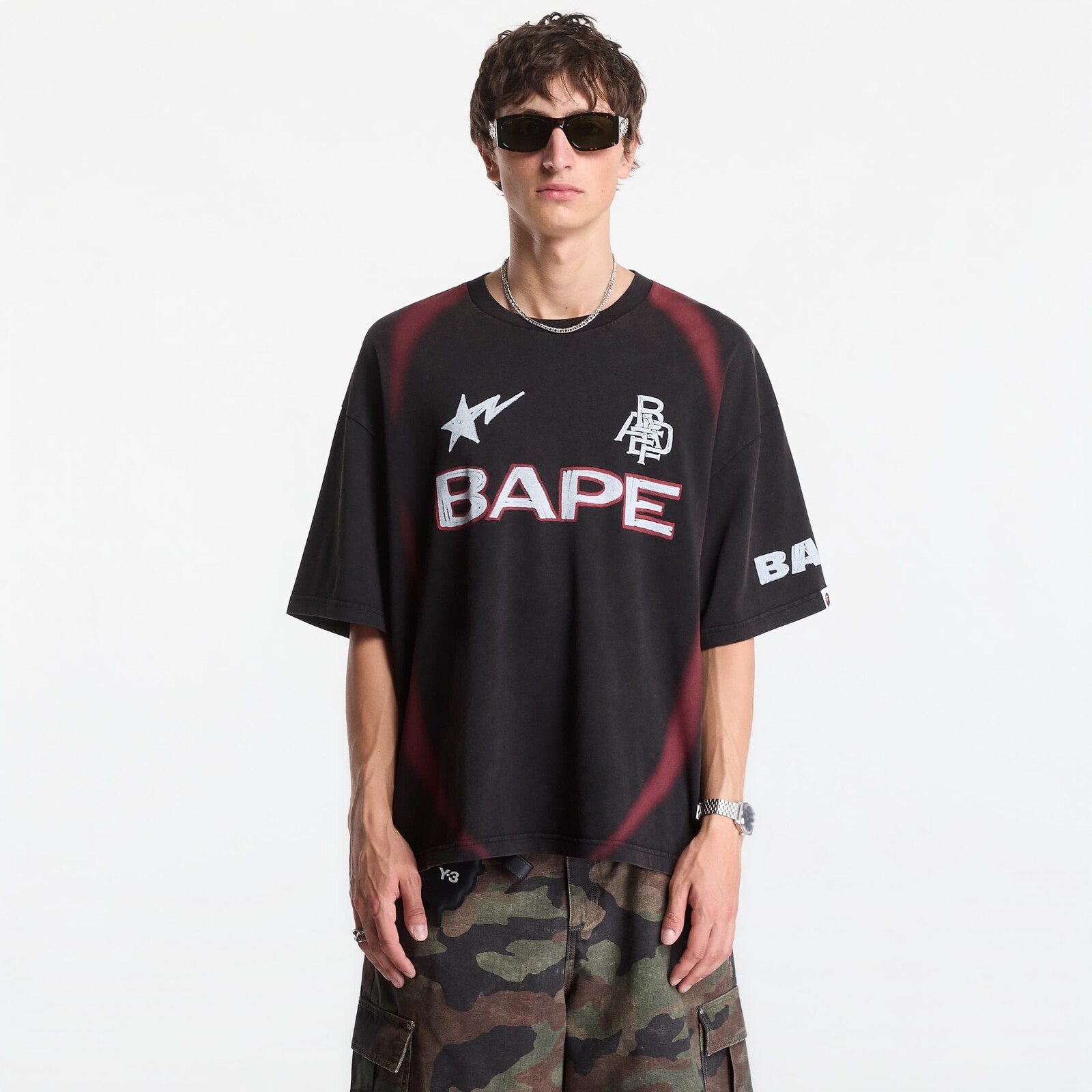 Tričko A Bathing Ape Heavy Wash Hand Draw Football Multi Logo Relaxed Fit Tee UNISEX Black XXL