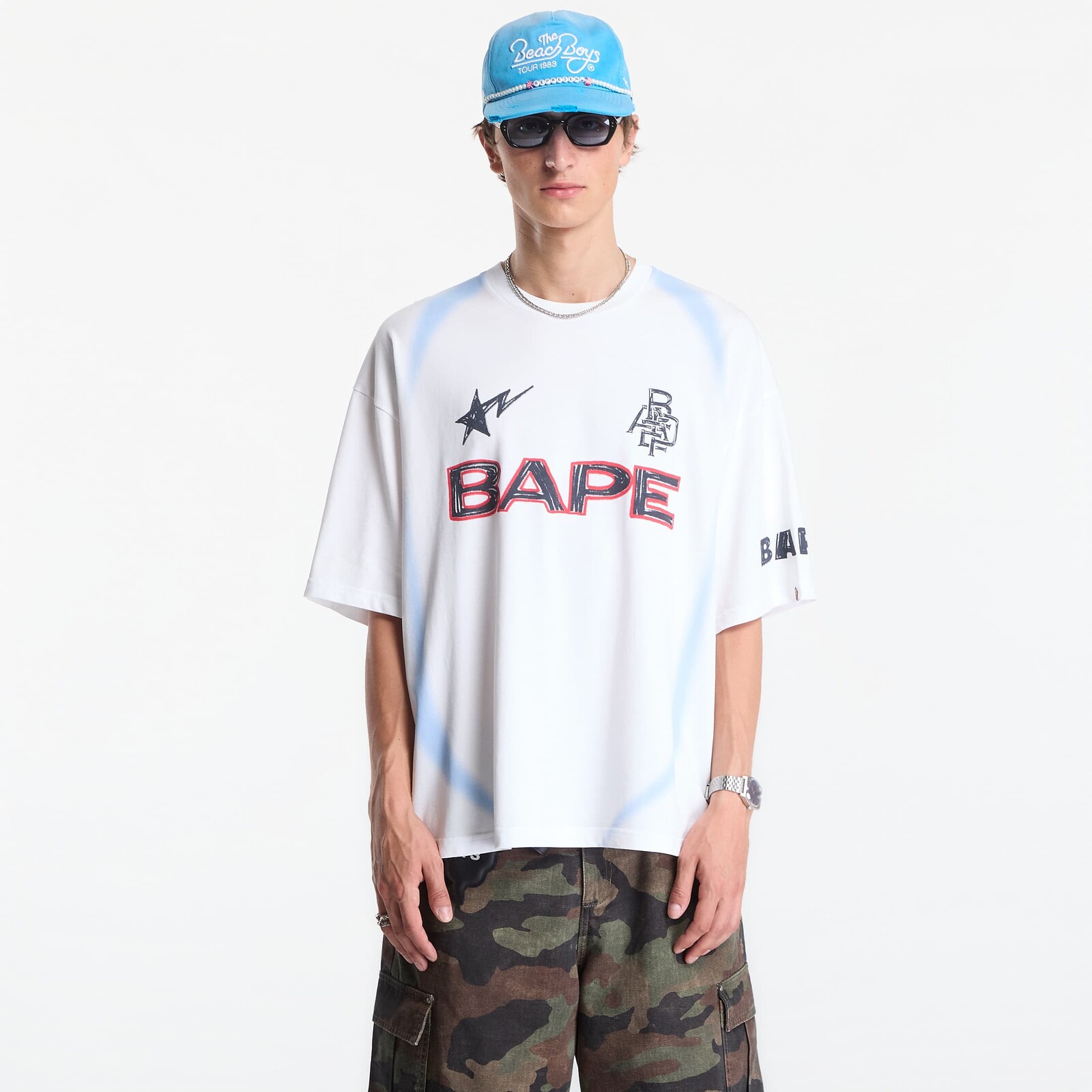 Tričko A Bathing Ape Heavy Wash Hand Draw Football Multi Logo Relaxed Fit Tee UNISEX White XXL