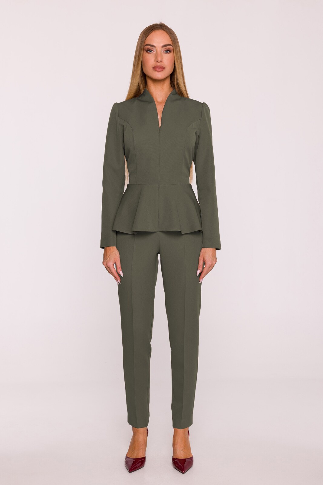 Dámsky overal s peplum a dlhými rukávmi - khaki