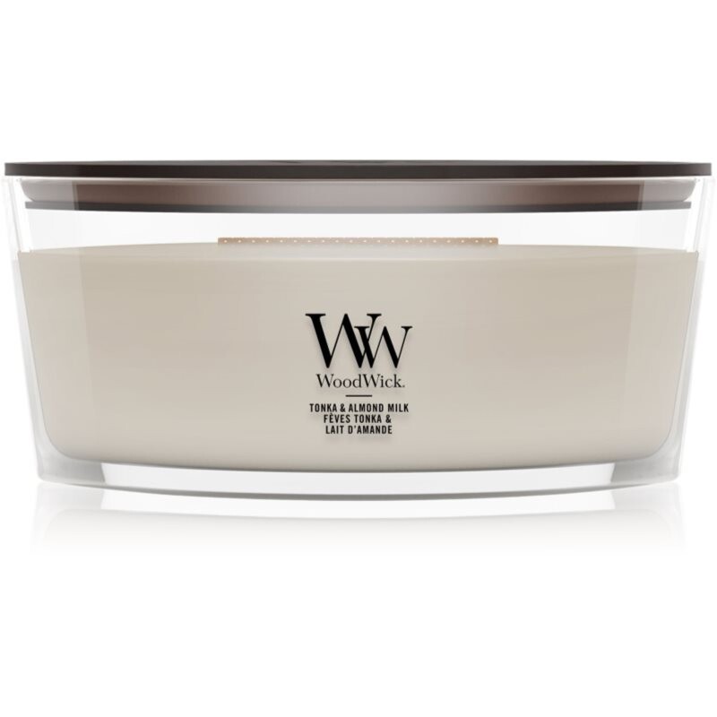 Woodwick Tonka & Almond Milk vonná sviečka s dreveným knotom 453.6 g