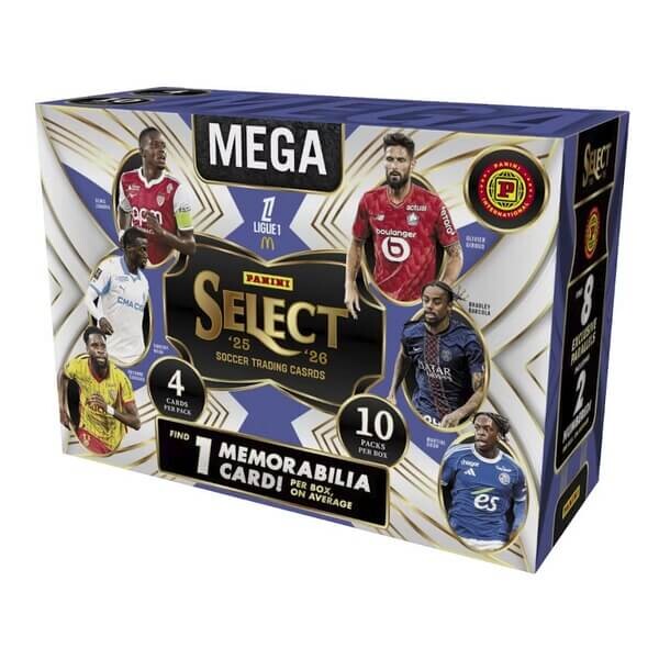 Panini 2025-2026 Panini Select Ligue 1 Soccer Hobby International Mega Box - futbalové karty