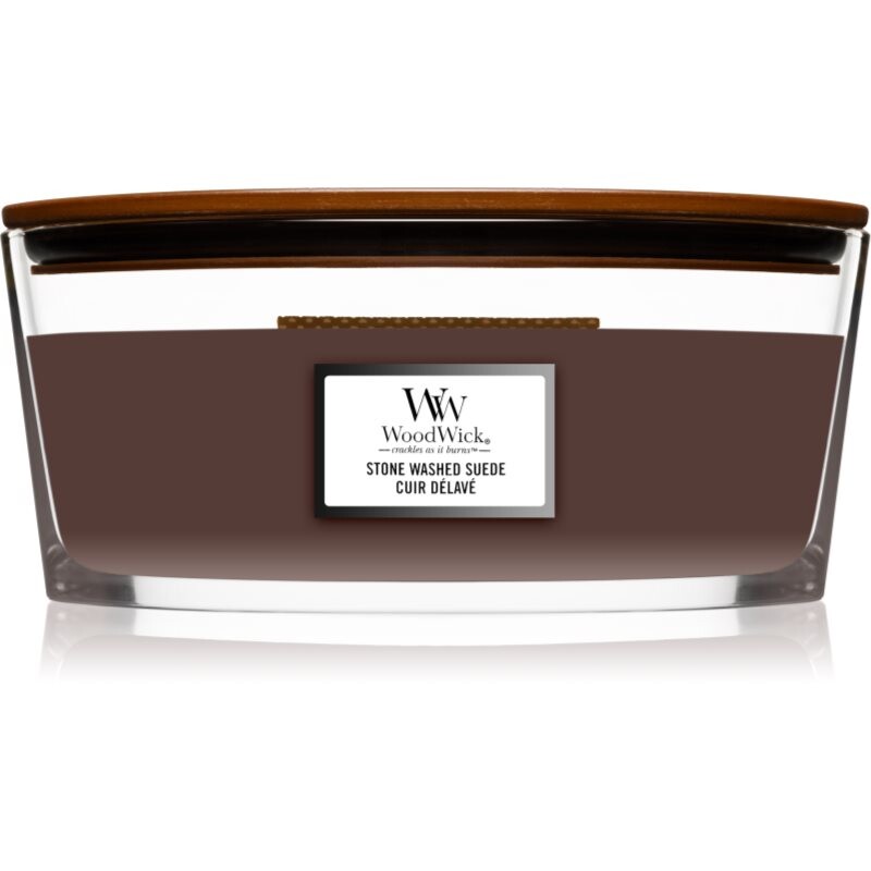 Woodwick Stone Washed Suede vonná sviečka s dreveným knotom (hearthwick) 453 g