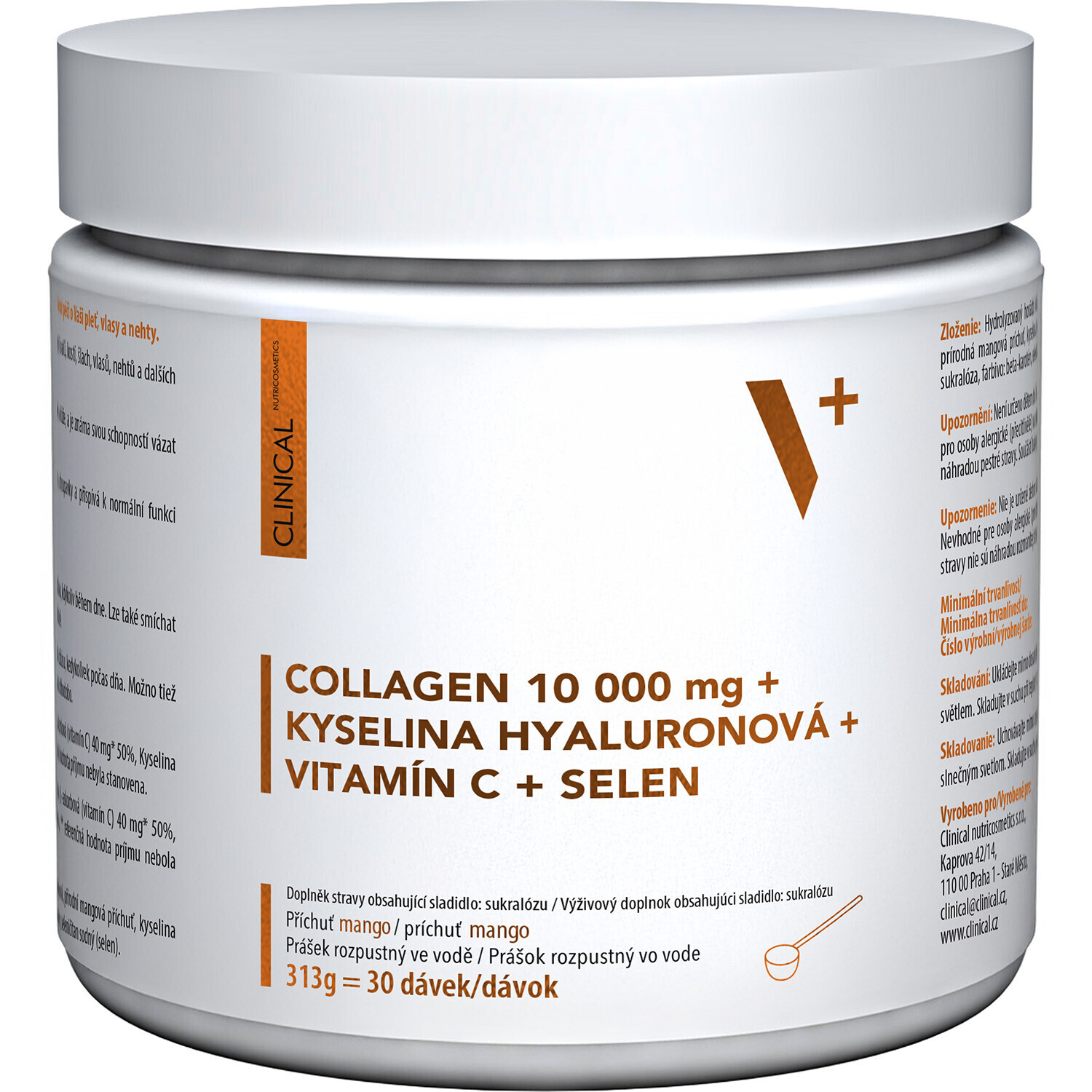 Clinical Collagen 10 000 mg + kyselina hyalurónová + vitamín C + selén - Mango 313 g