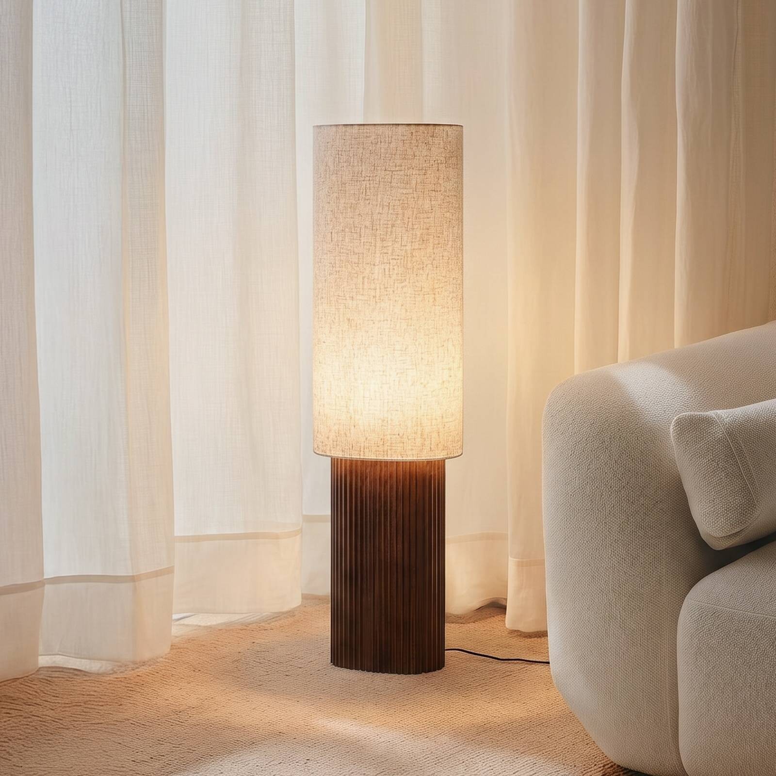 Stojacia lampa Lindby Kimiko, výška 100 cm, orechové drevo, textil