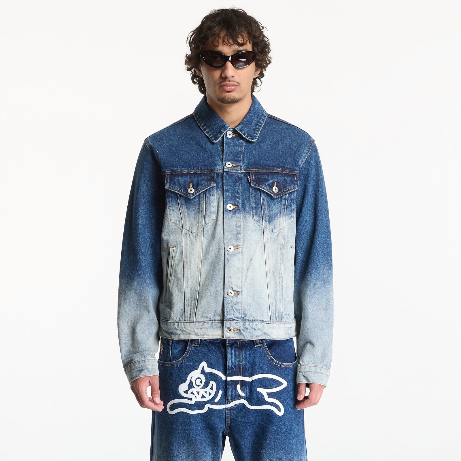 Bunda Billionaire Boys Club Icecream Fade Out Running Dog Denim Trucker Jacket Mid Wash Blue M