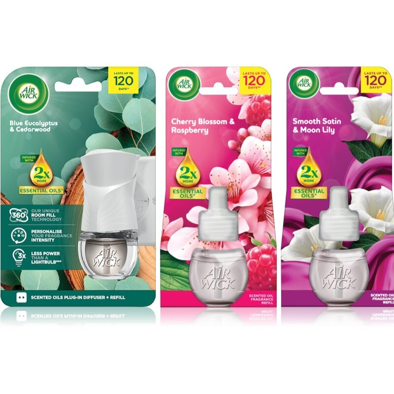 Air Wick Cherry Blossom & Rasberry Blue Eucalyptus & Cedarwood Essential Oils Smooth Satin & Moon Li osviežovač vzduchu