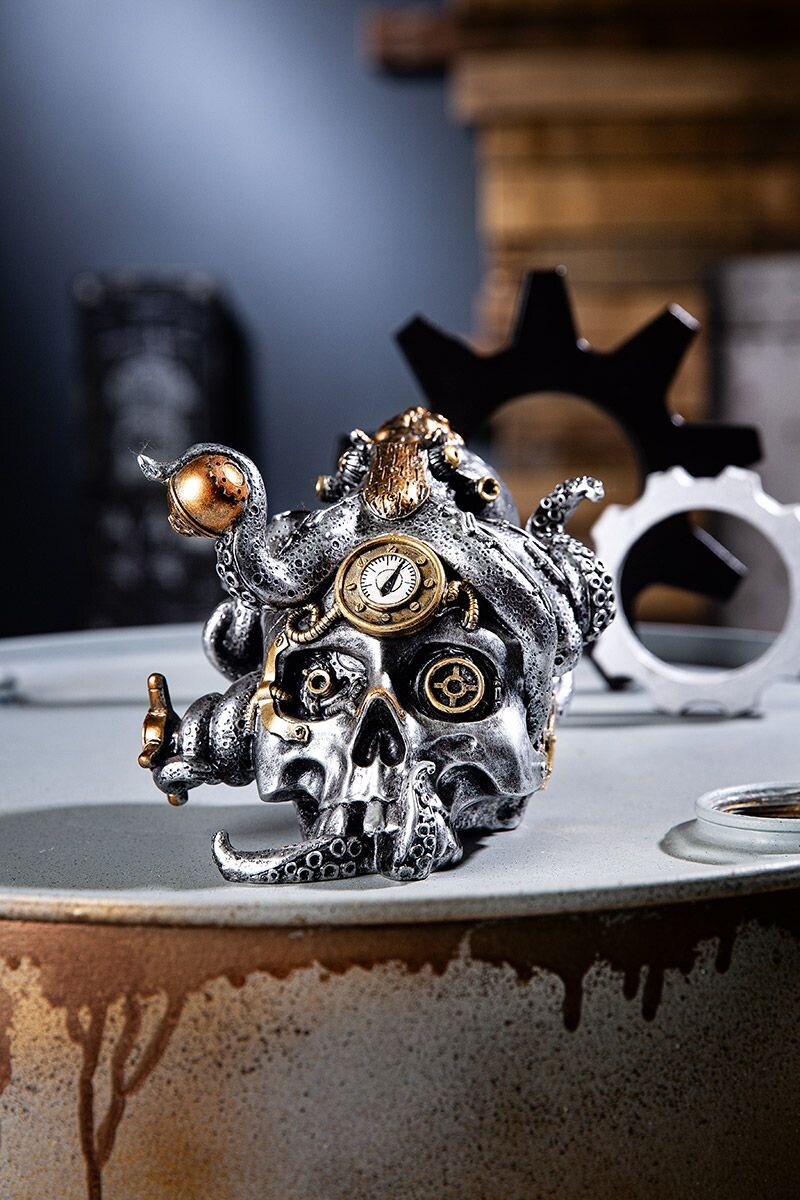 Dekoratívna lebka Steampunk Skull, kovová, 15 cm