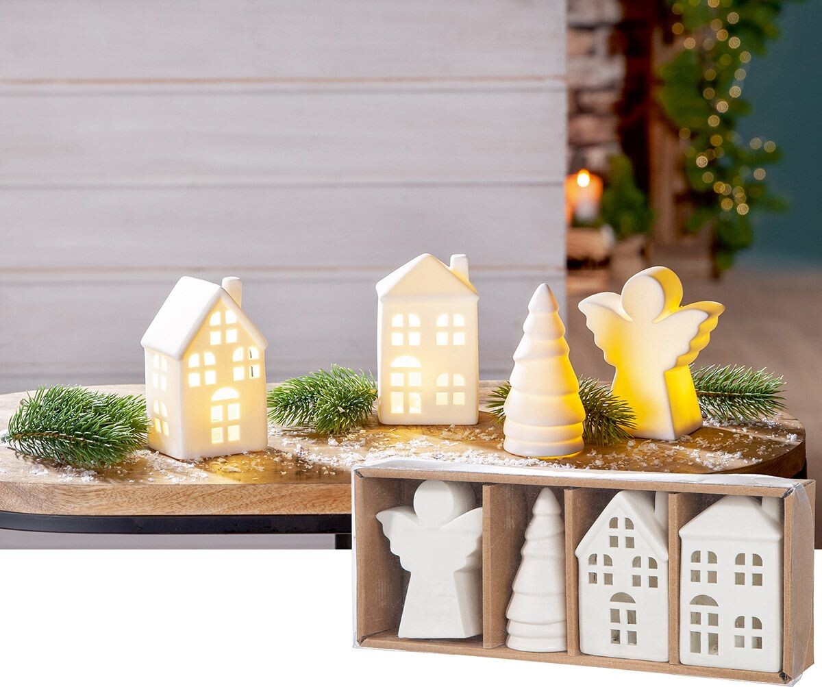 Sada LED dekorácií – domčeky, anjel a vianočný stromček, 11 cm