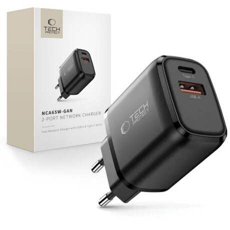 Tech-Protect NCA65W GaN sieťová nabíjačka USB / USB-C QC PD 65W, čierna